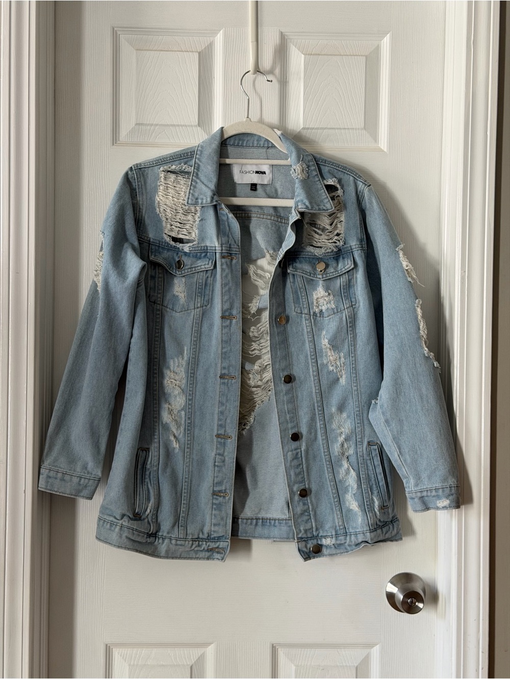 Fashion Nova Light Blue Distressed Denim Jean Jacket